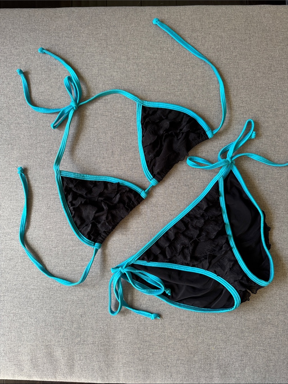 Black Ruffled Triangle Bikini with Turquoise Trim - Women Swim